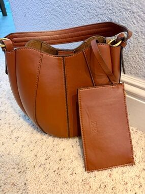 Zara Cognac Brown Leather Shoulder Bucket Bag with Matching Pouch